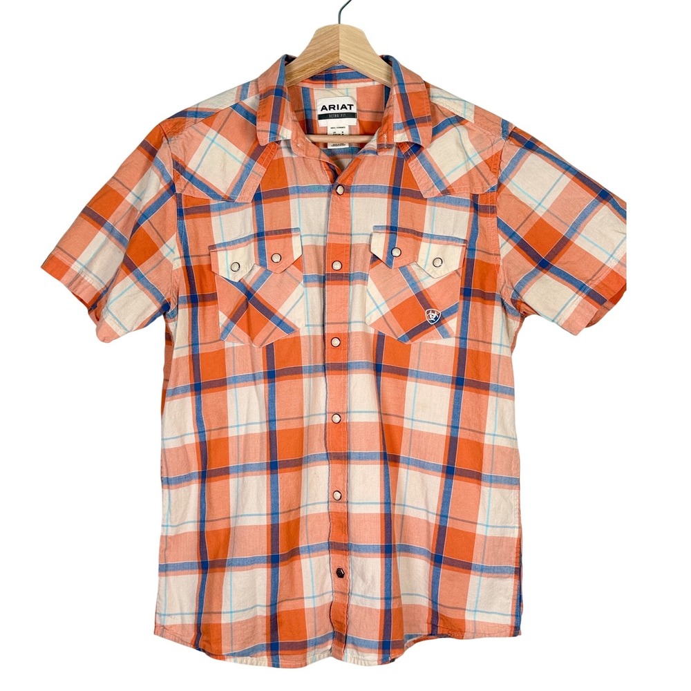 Ariat Mens Retro Fit Orange Blue Plaid Western Pearl Snap Short Sleeve Shirt M
